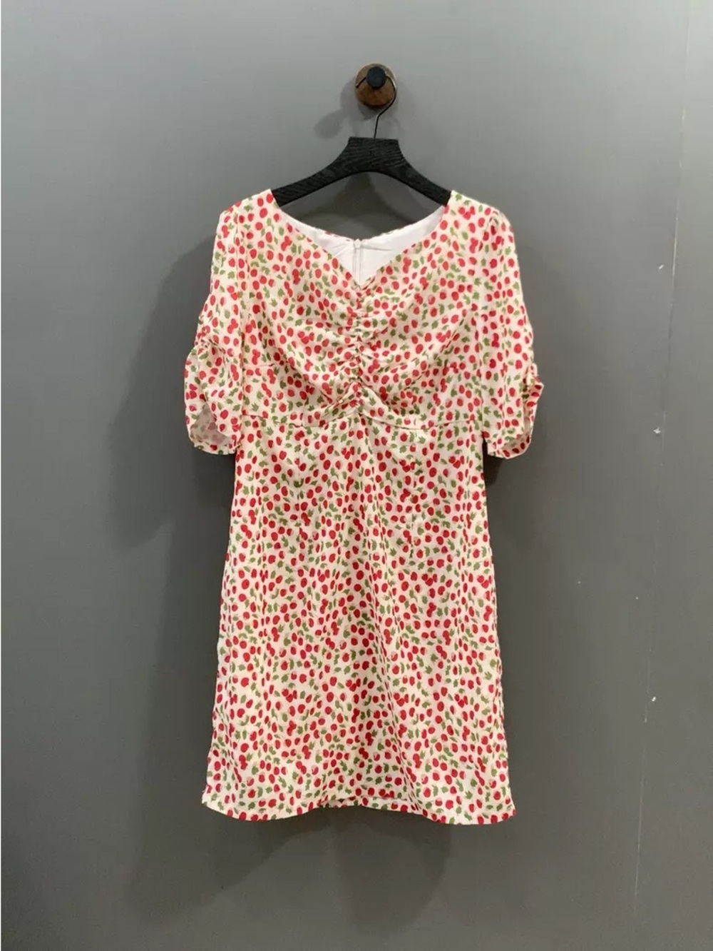 White Mini Dress with Red & Green Cherry Print